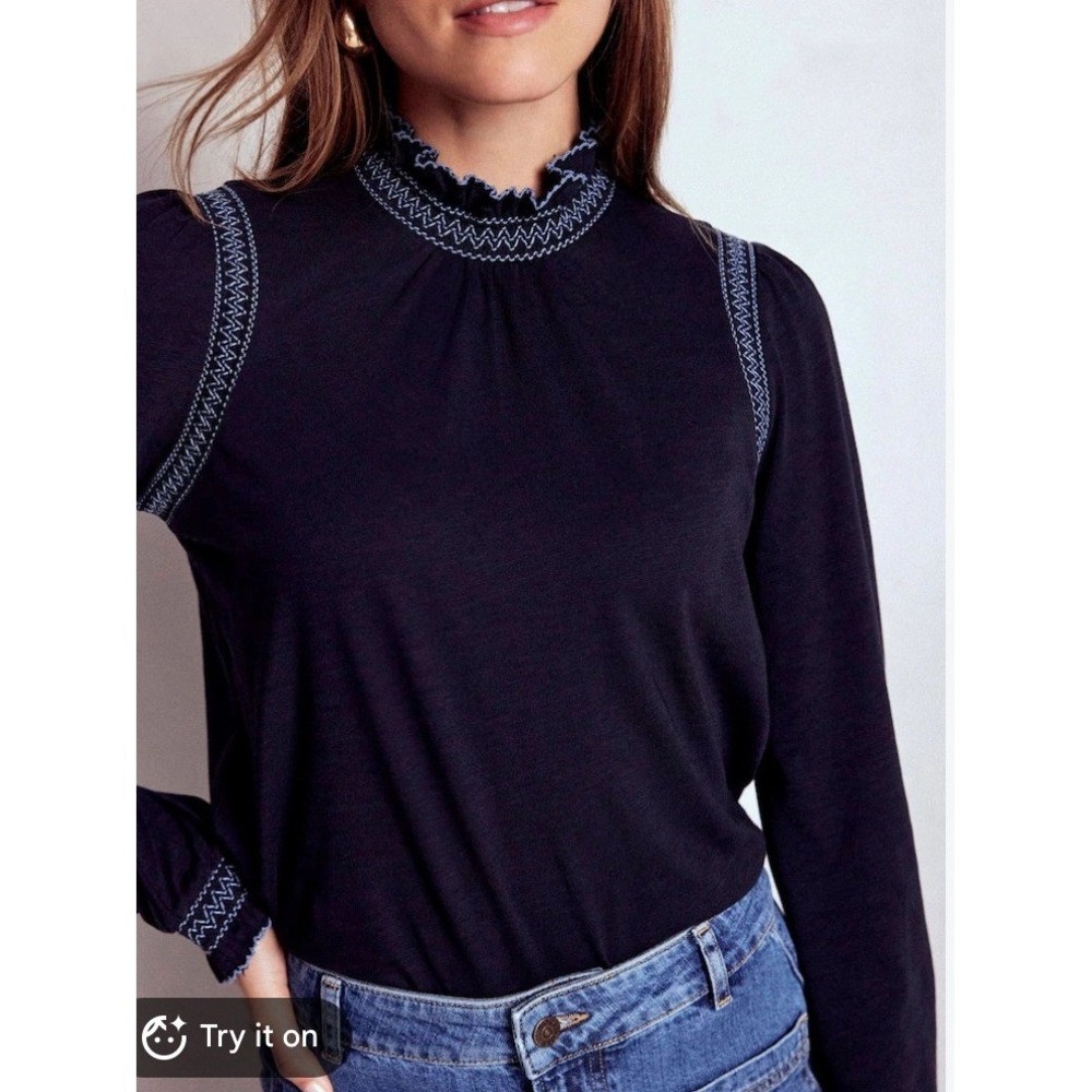 Boden Tia Smocked Neck Jersey Top Navy Blue Ruffle Blouse US 10